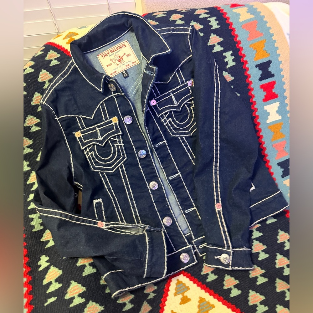 True Religion Jimmy Super T denim in a dark wash with white contrast stitching